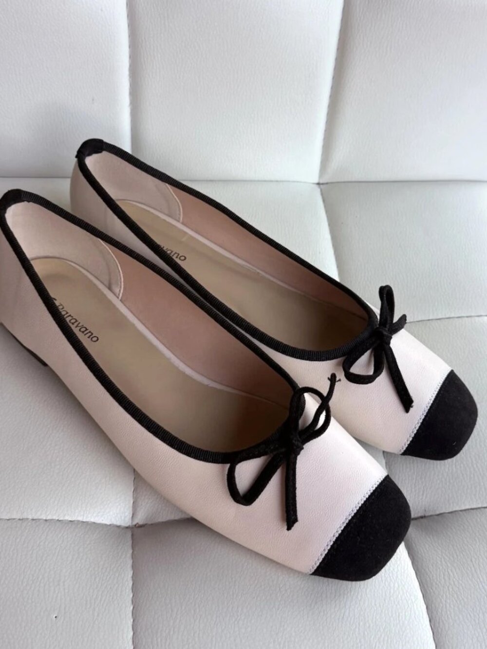 C.Paravano Elena Cap-Toe Ballet Flats Cream Black Trim Bow Shoes Size 40 / 9.5